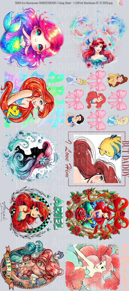 Ariel Disney Princess GANG SHEET 10 FULL SIZE IMAGES