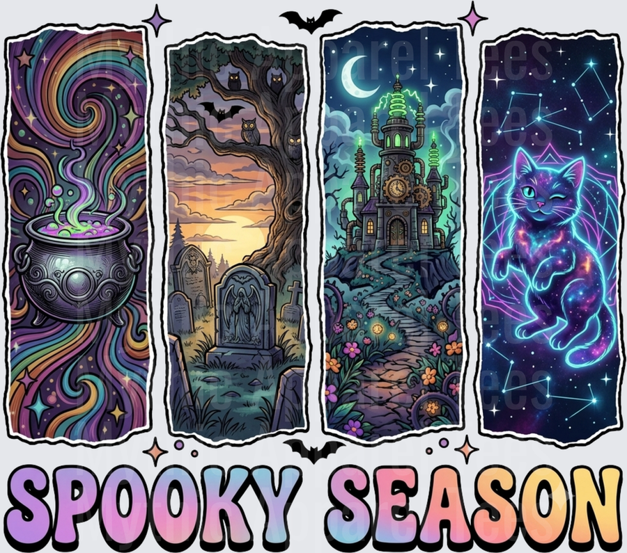Spooky Season Four Panel Halloween Design with Witch Cauldron Rainbow Swirls Graveyard Haunted Steampunk Castle Constellation Galaxy Cat and Colorful Retro Groovy Text