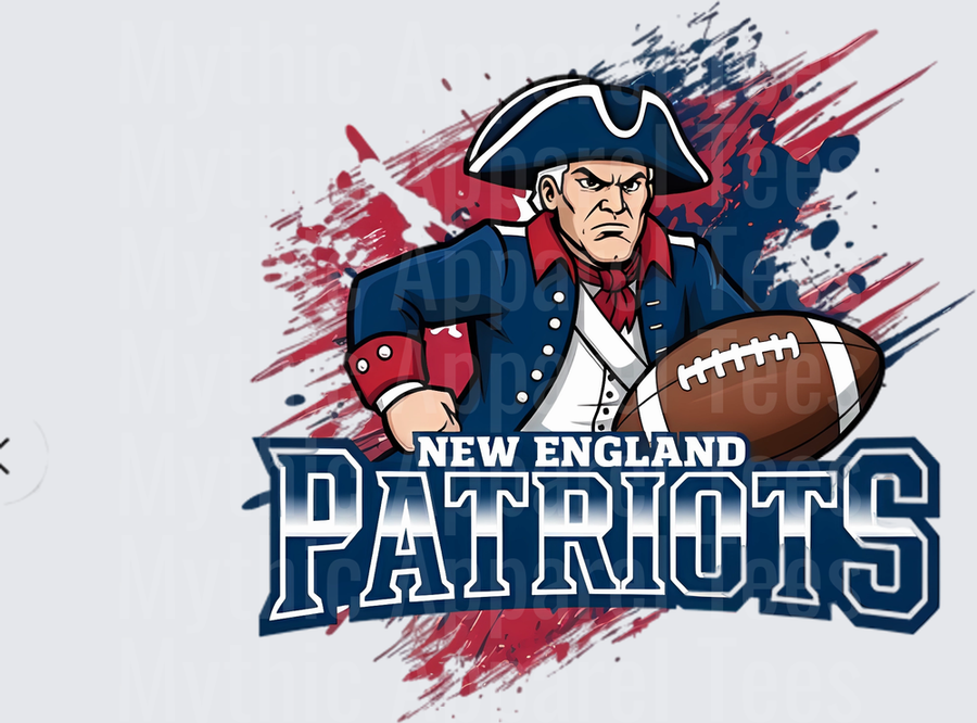 New England Patriots Minuteman Mascot Holding Football with Red White and Blue Paint Splash Graphic