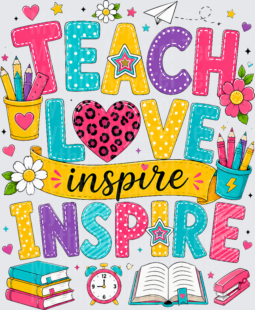 Teach Love Inspire Colorful Teacher Typography with Pencils Books and Leopard Print Heart
