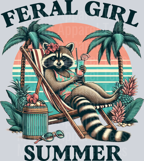 Feral Girl Summer palm trees with retro style sun DTF Racoon Transfers