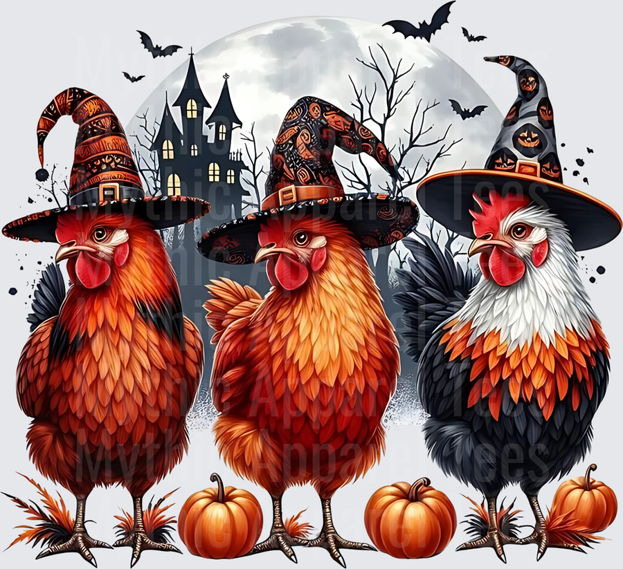 Three Halloween Witch Hat Chickens with Pumpkins Haunted House Full Moon Bats Spooky Night Scene