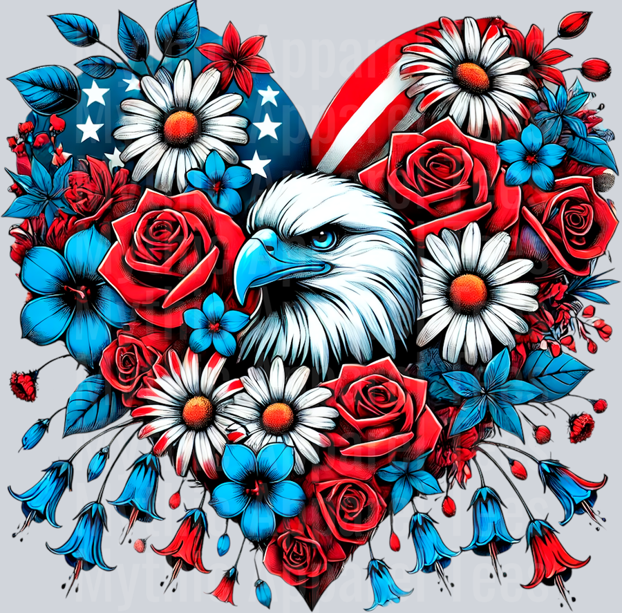 Rose heart with eagle patriotic red white and blue print 2 DTF Patriotic Transfers
