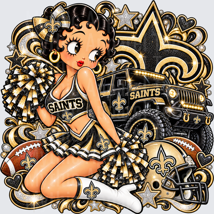 Betty Boop New Orleans Saints Cheerleader with Black and Gold Jeep Glitter Fan Design