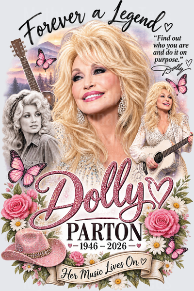 Dolly Parton Forever A Legend 1946-2026 Her Music Lives On Tribute Collage with Pink Butterflies Roses and Guitar