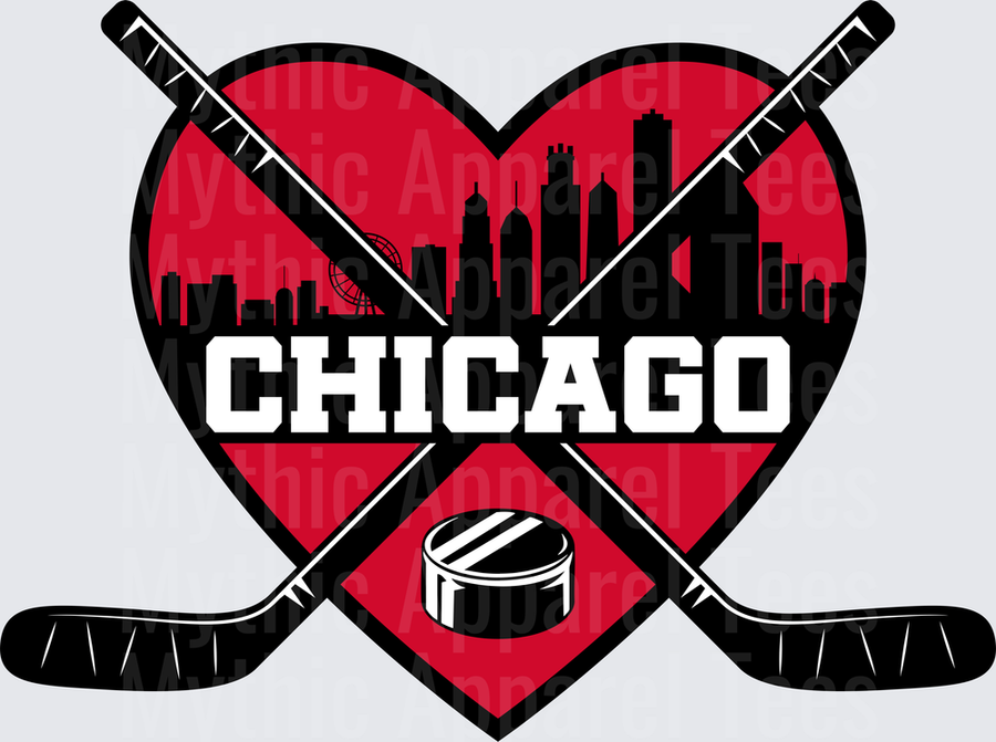 NHL Teams Chicago Hockey Heart Skyline Crossed Sticks Puck
