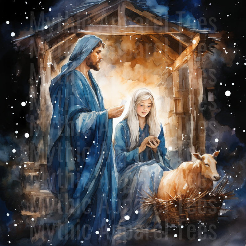 Nativity Scene Mary Joseph Manger Watercolor Snowfall Art