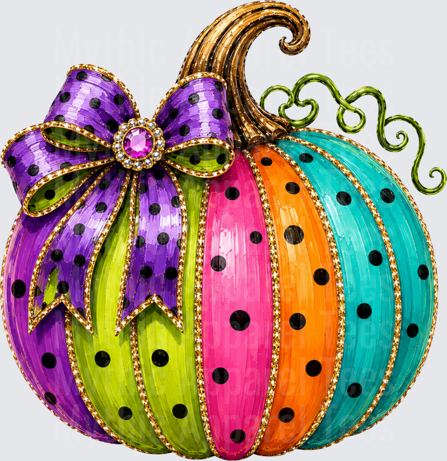 Halloween Glam Multicolor Polka Dot Pumpkin with Purple Bow and Gold Rhinestone Jewel Accent