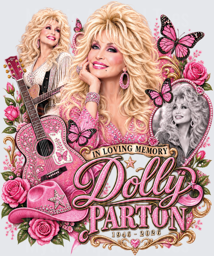 In Loving Memory Dolly Parton 1946-2026 Pink Roses Butterflies Guitar Cowboy Hat Country Legend Tribute