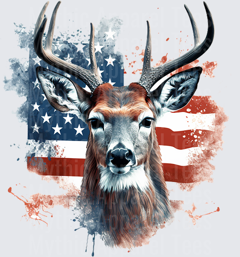 Patriotic Whitetail Buck Portrait with Distressed American Flag Watercolor Splash Background