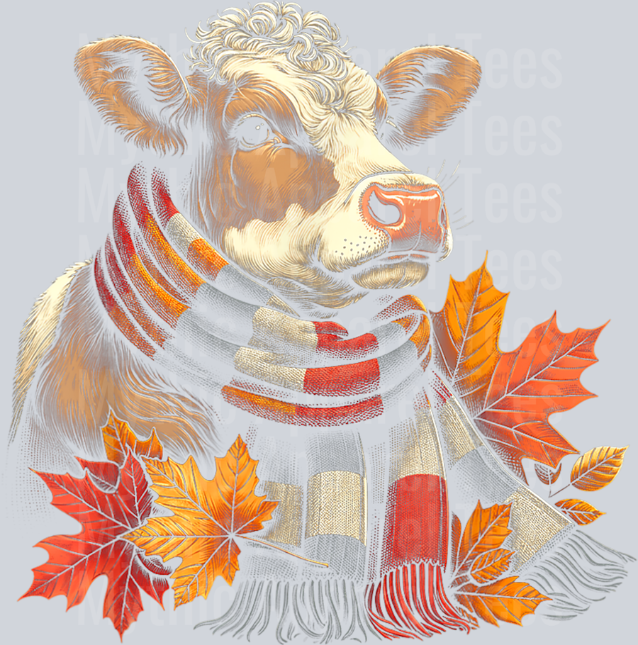 Autumn Cow Fall Leaves Cozy Seasonal Vibes Thanksgiving T-Shirt