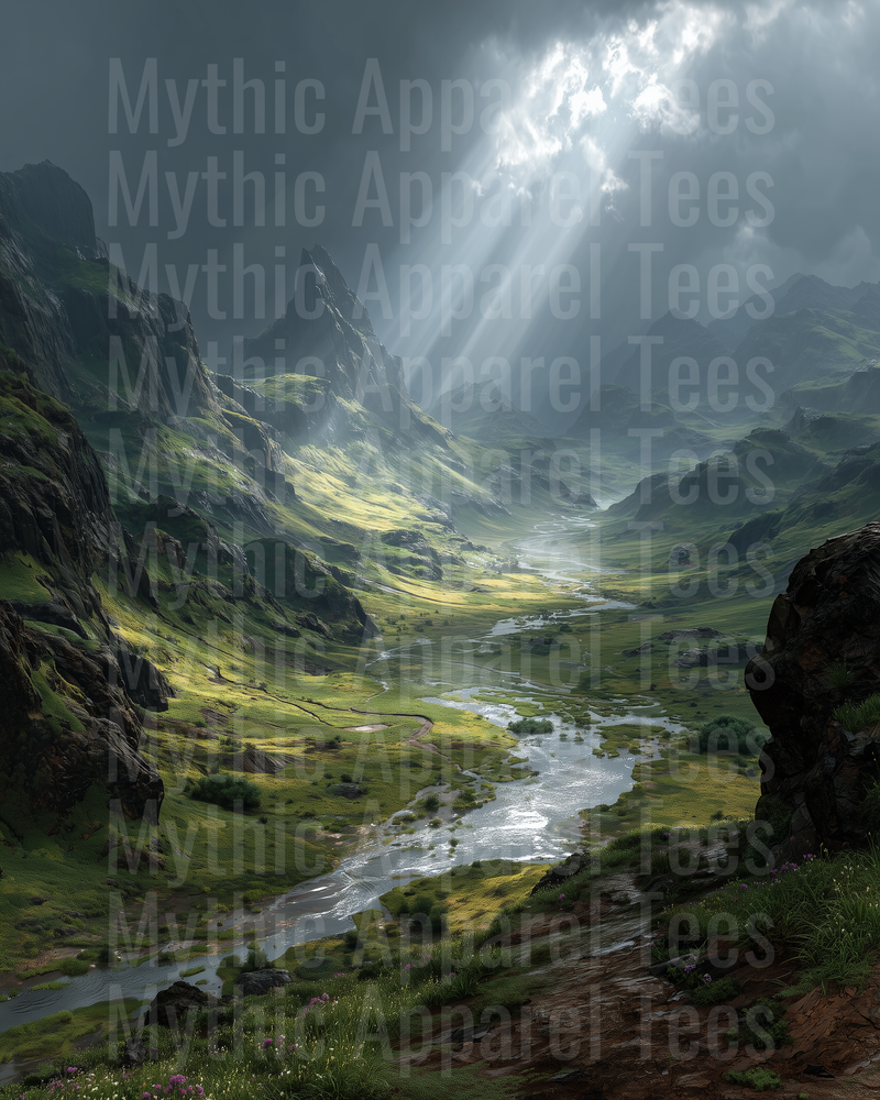 Dramatic Highland Valley with Winding River and God Rays Breaking Through Storm Clouds Over Ancient Rocky Peaks