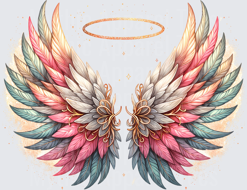 Angel Wings Pink Teal Gold Halo Boho Feather Design