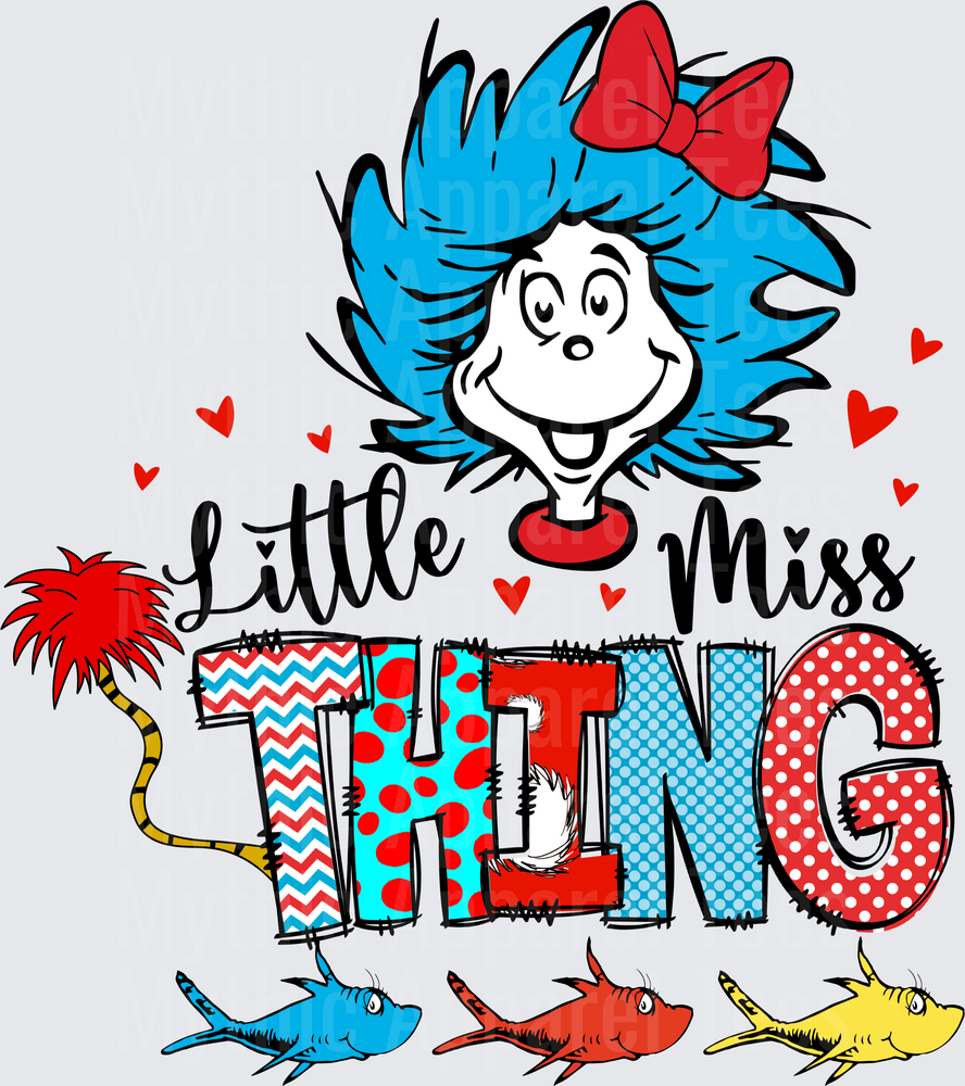 Dr. Seuss Little Miss Thing Blue Hair Girl with Red Bow Hearts and Colorful Fish Design
