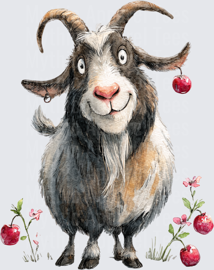 Whimsical Watercolor Goat With Curly Horns Earring And Red Cherries Wildflowers