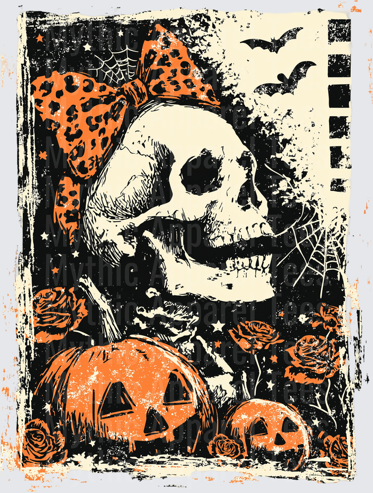 Distressed Halloween Skull with Leopard Print Bow Pumpkins Roses Bats and Spider Webs Grunge Gothic Design