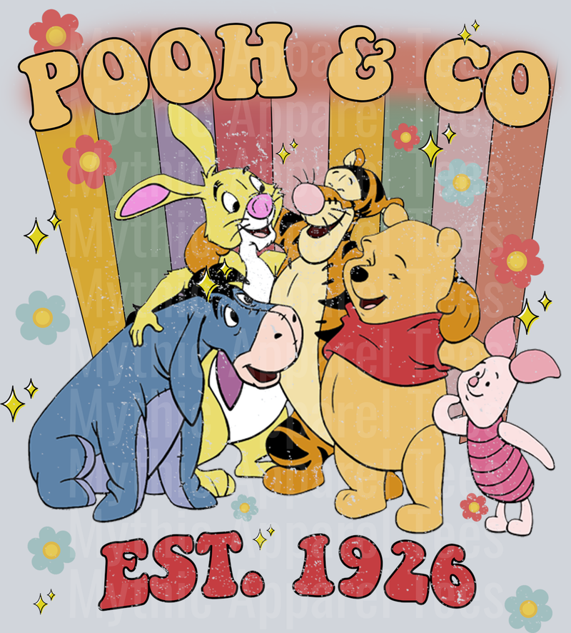 Winnie the pooh Pooh and co retro style design with friends DTF Disney Transfers