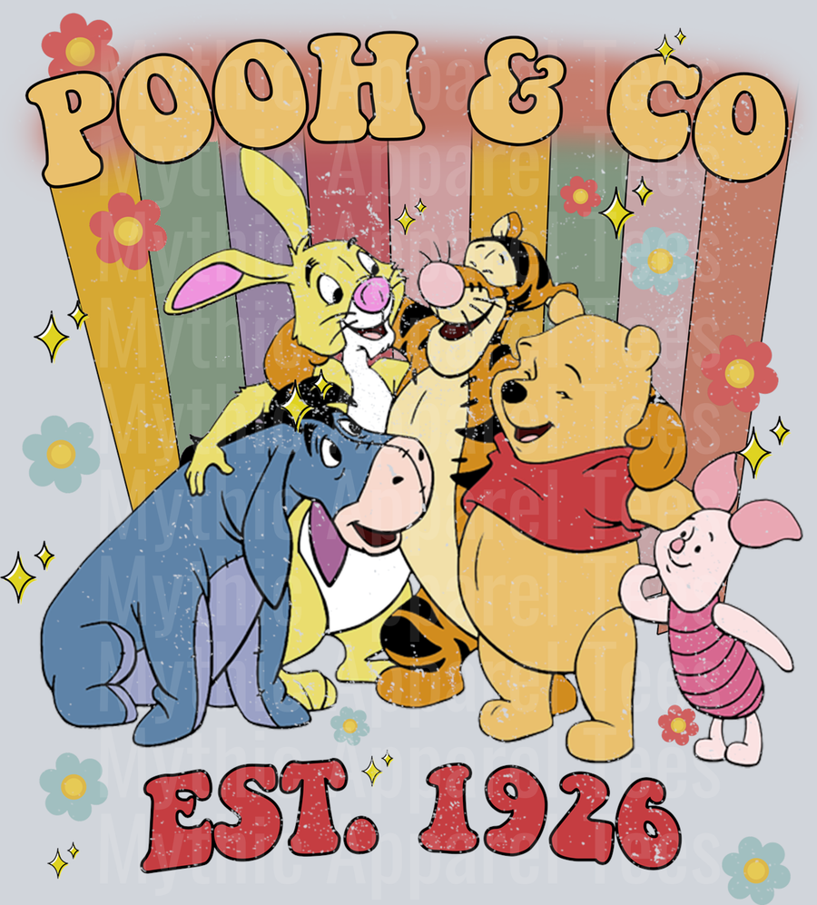 Winnie the pooh Pooh and co retro style design with friends DTF Disney Transfers