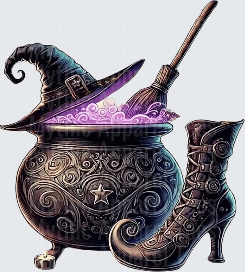 Ornate Witch Cauldron Bubbling Purple Potion with Hat Broom and Buckled Boot Halloween