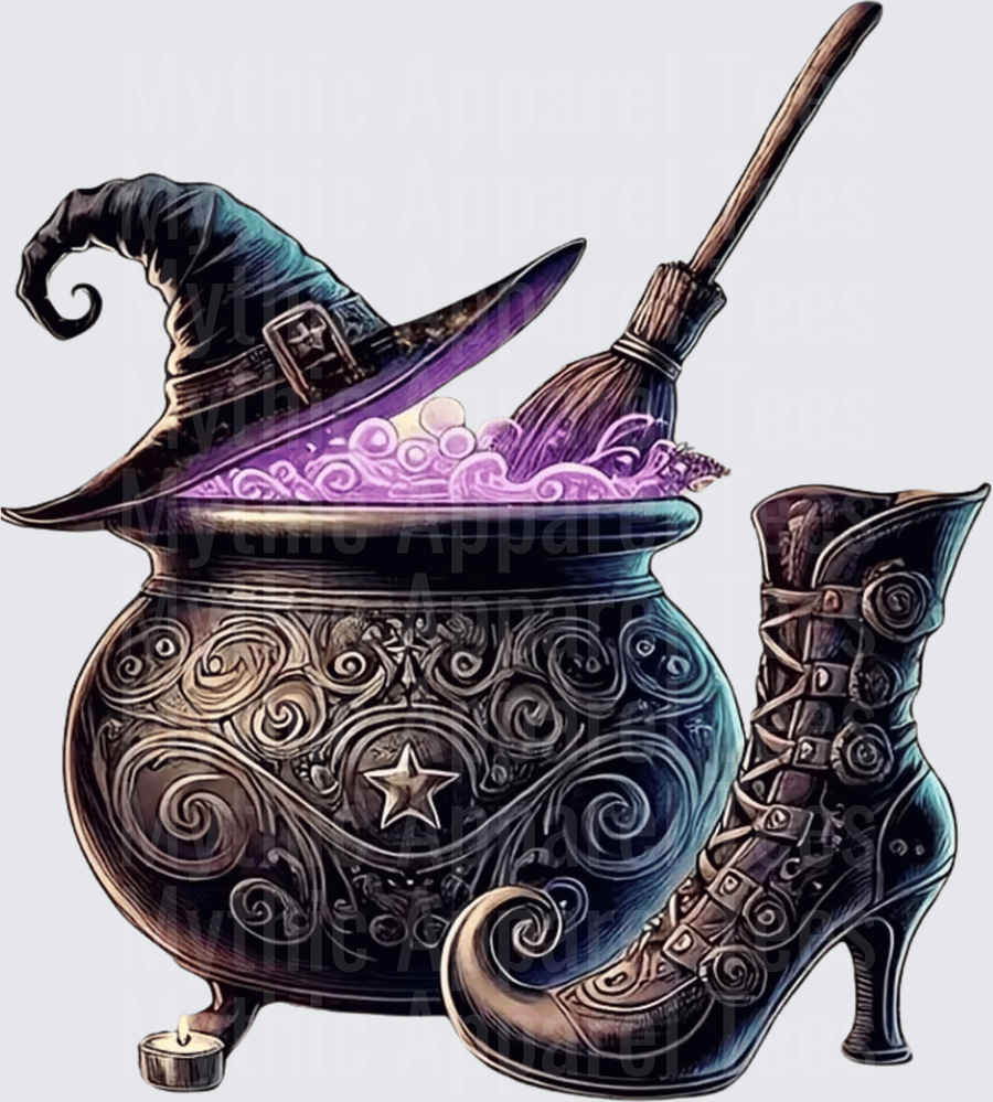 Ornate Witch Cauldron Bubbling Purple Potion with Hat Broom and Buckled Boot Halloween