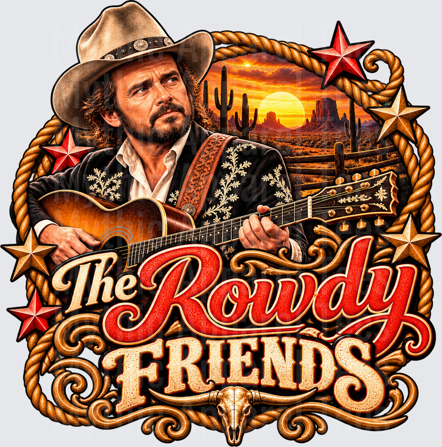 Rowdy Cowboy Guitarist Desert Sunset Western Stars Rope Border The Rowdy Friends Longhorn Skull Country Music Design