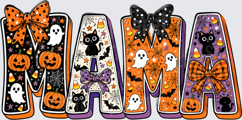 Halloween Mama Bold Letter Design with Ghosts Pumpkins Black Cats Bats Candy Corn Spider Webs and Decorative Bows in Orange Purple and Black