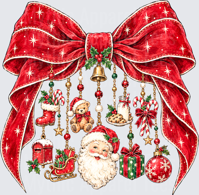 Vintage Christmas Red Bow with Santa Claus Face and Dangling Holiday Charms Including Teddy Bear Candy Canes Sleigh Gifts Ornament and Cookie Milk