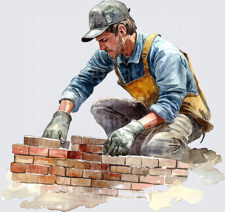 Watercolor Bricklayer Mason Laying Brick Wall in Work Overalls and Gloves