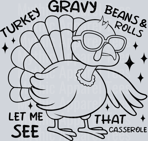 Turkey Gravy Beans And Rolls Let Me See That Casserole Outline DTF Thanksgiving Transfers