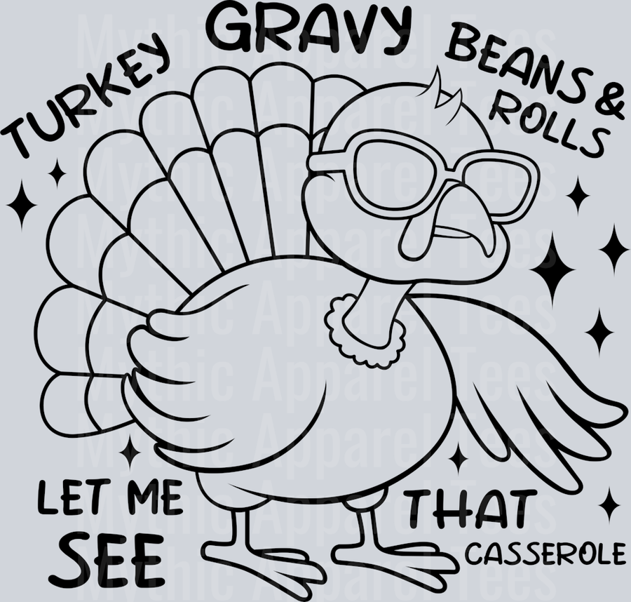 Turkey Gravy Beans And Rolls Let Me See That Casserole Outline DTF Thanksgiving Transfers