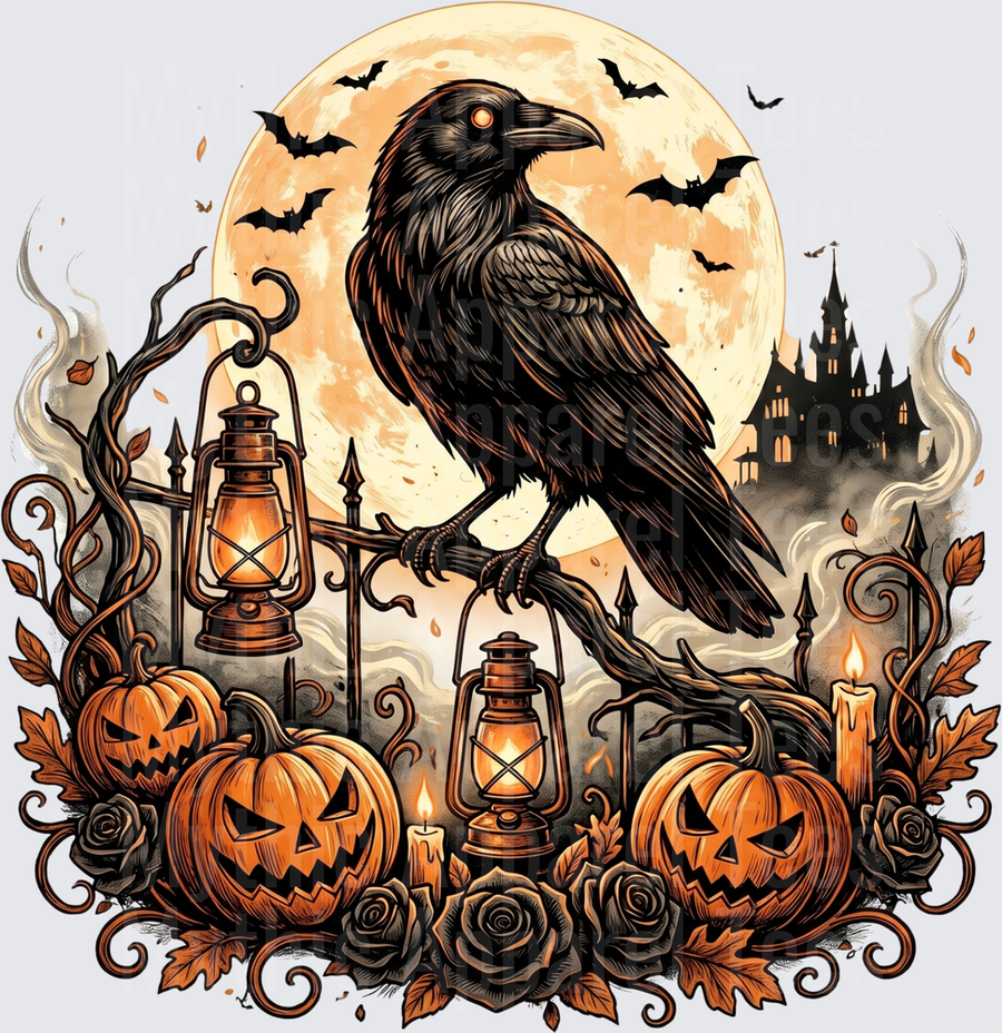 Gothic Halloween Raven Perched on Iron Gate with Jack-O-Lanterns Full Moon Haunted Castle Bats and Vintage Lanterns