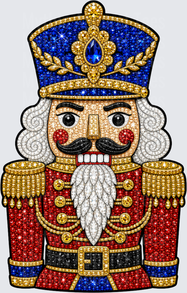 Christmas Bling Rhinestone Diamond Art Nutcracker Soldier in Red and Blue Royal Military Uniform with Gold Epaulettes and Jeweled Crown Hat