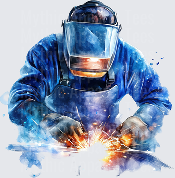 Watercolor Welder With Welding Helmet and Sparks Flying Blue Tones