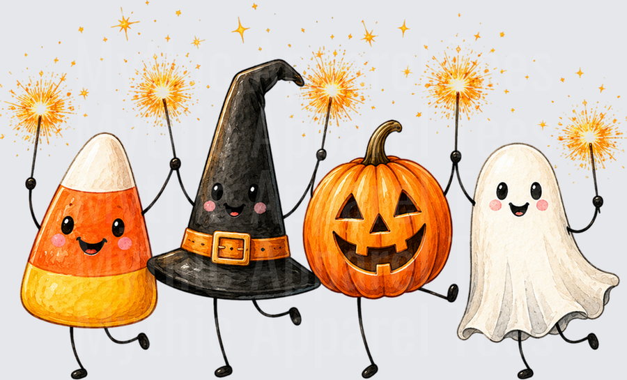Halloween Cute Characters Holding Sparklers Candy Corn Ghost
