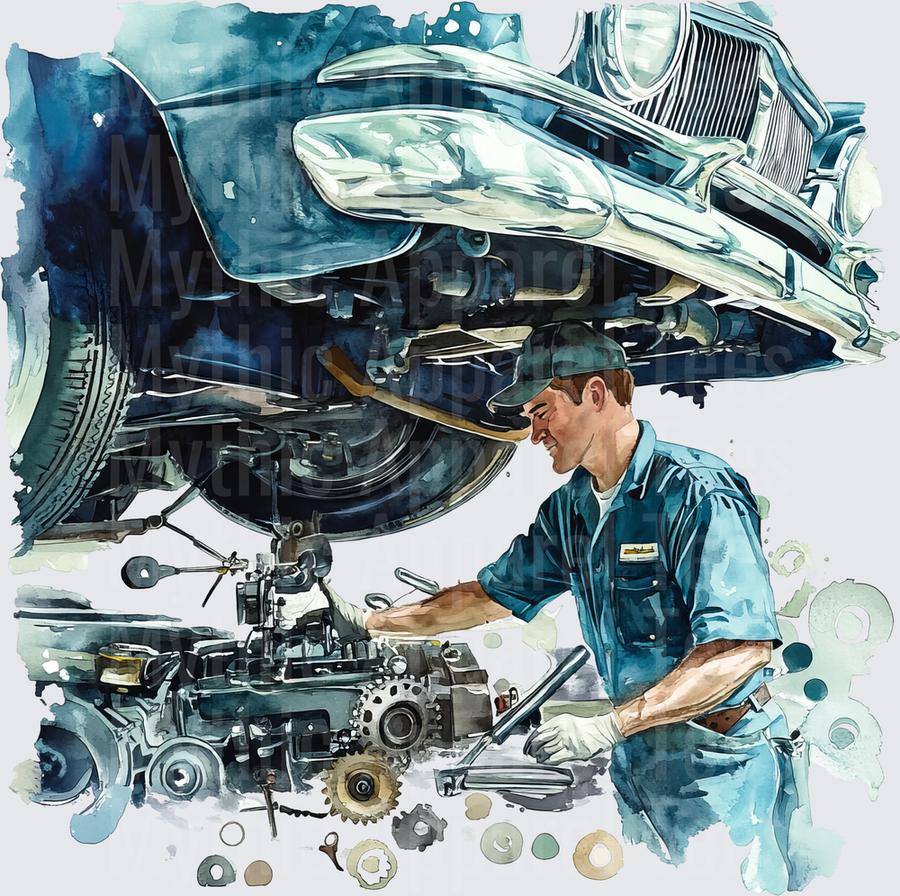 Watercolor Auto Mechanic Working Under Classic Car With Gears And Tools