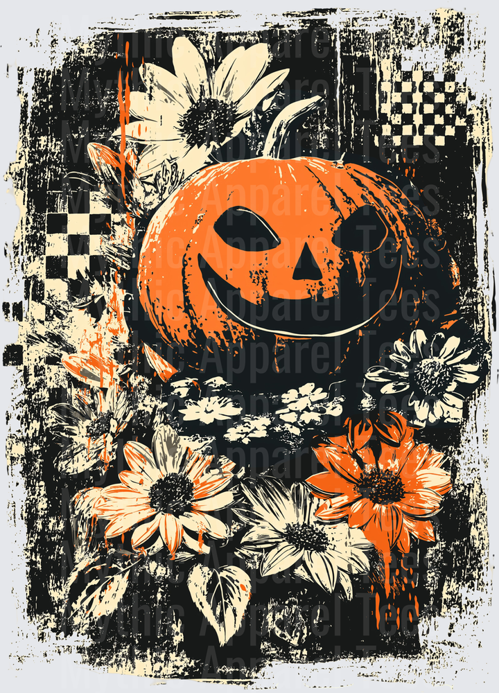 Distressed Halloween Jack-O-Lantern Surrounded by Sunflowers and Daisies with Grunge Checkered Background