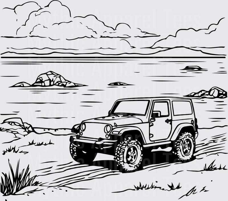 Off Road Jeep Wrangler Lakeside Trail Black White Line Art