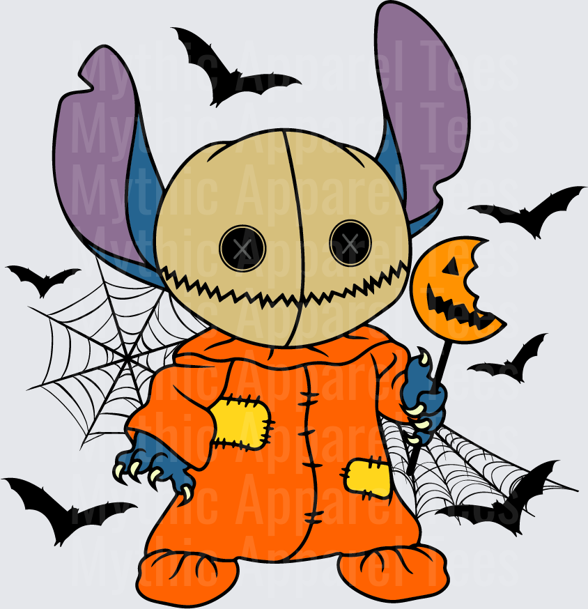 Stitch Dressed as Scrump Scarecrow Halloween Costume with Jack-O-Lantern Wand Bats and Spider Webs