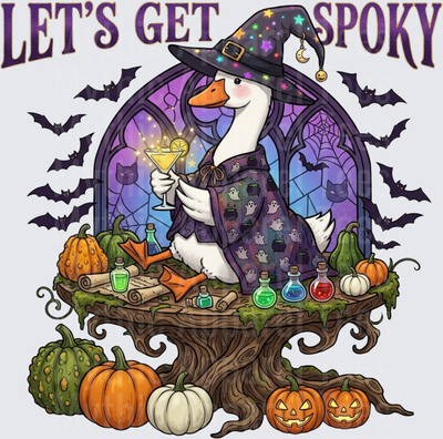 Let's Get Spoky Witch Goose Holding Martini with Potions Pumpkins Bats and Stained Glass Halloween Design