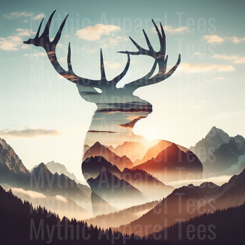 Double Exposure Buck Silhouette with Mountain Sunrise Landscape and Pine Forest