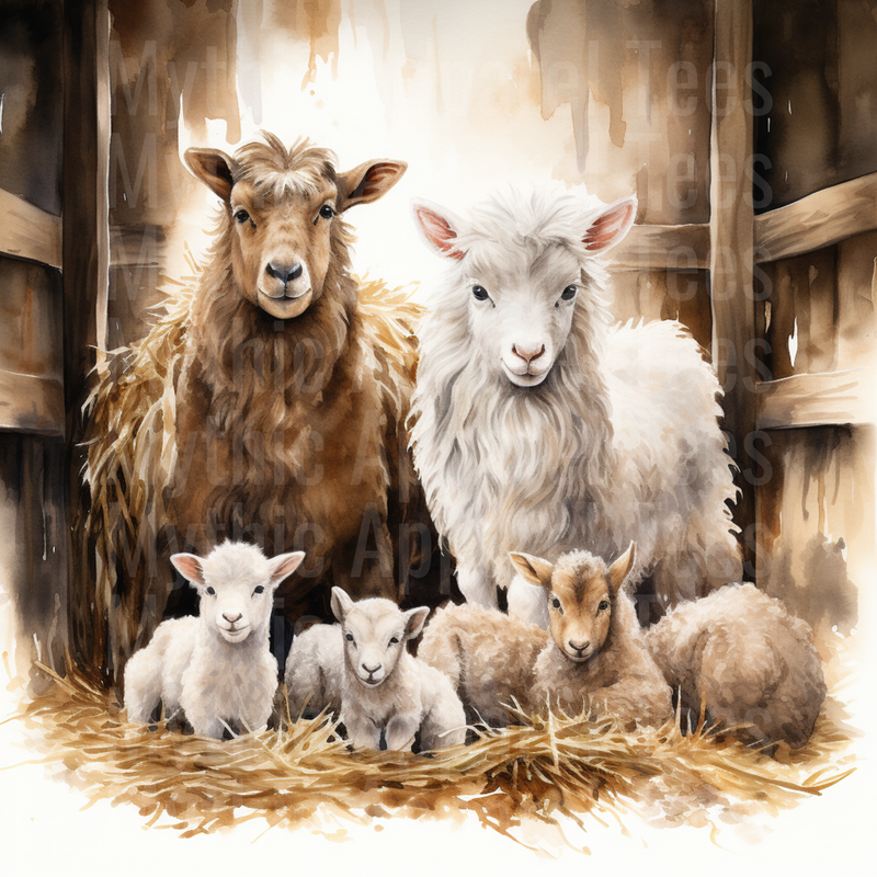 Nativity Sheep Family with Lambs in Barn Watercolor Art