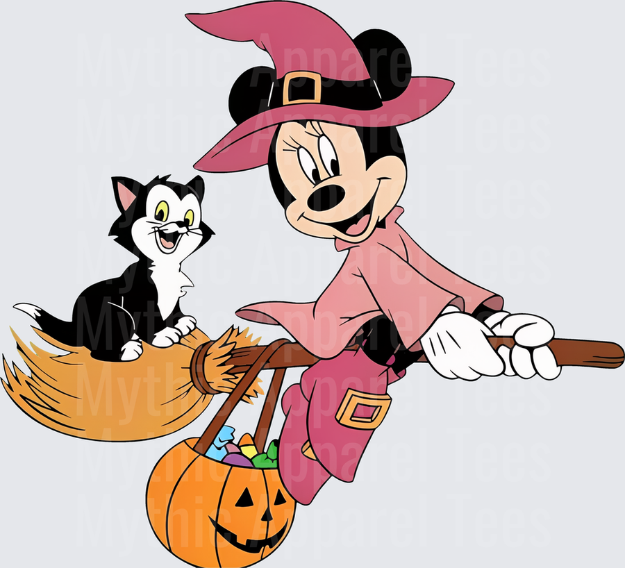 Minnie Mouse Halloween Witch Flying Broomstick with Black Cat and Jack-O-Lantern Candy Bag