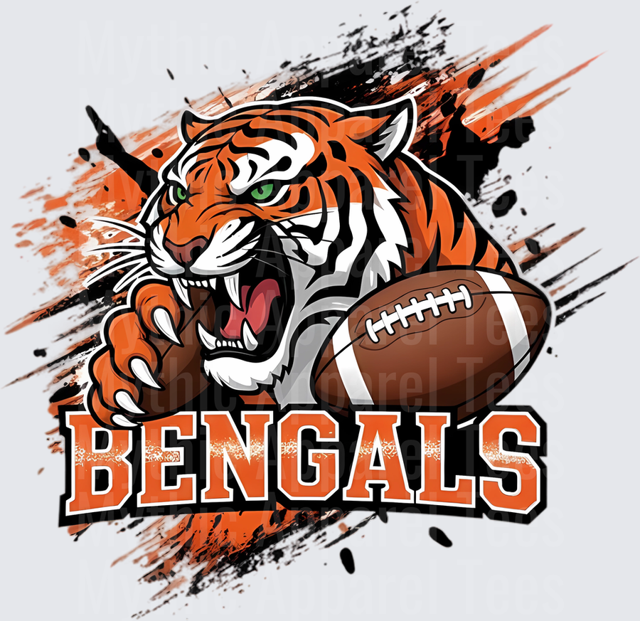 Bengals Fierce Tiger Mascot Clutching Football Grunge Splash Orange Black