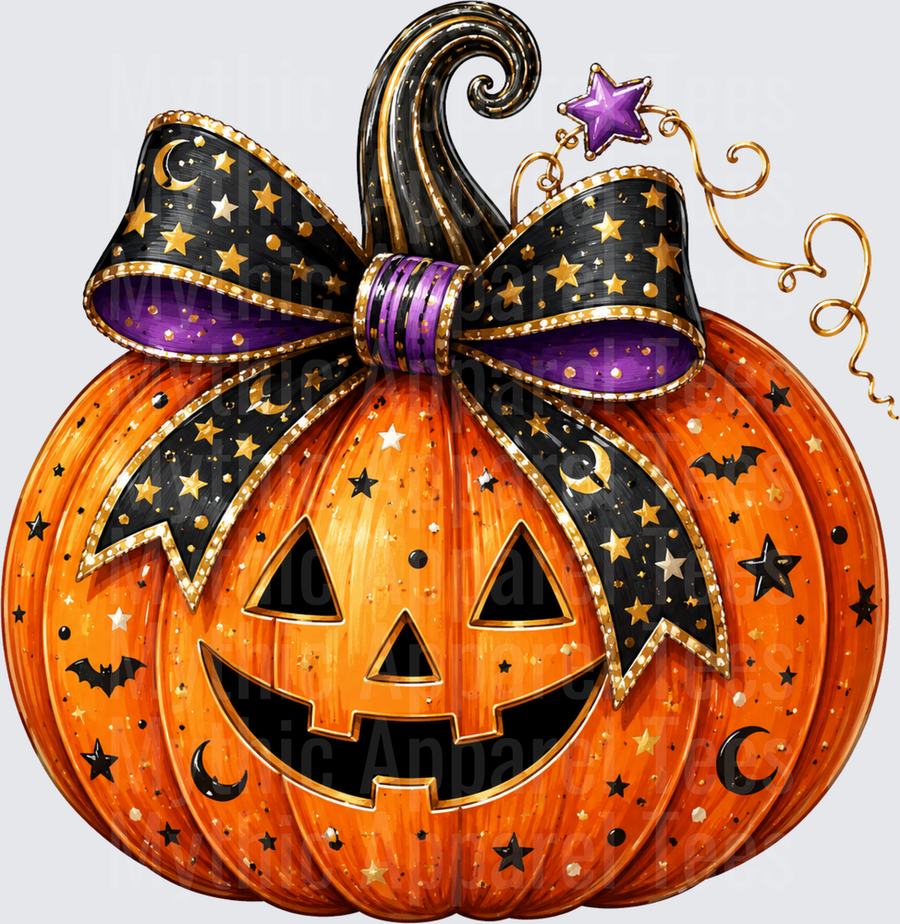 Halloween Glam Jack-O-Lantern with Black Gold Purple Bow Stars Moons and Bats Coquette Pumpkin