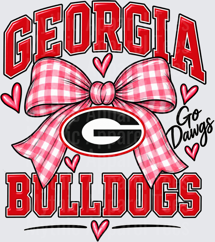 Georgia Bulldogs Go Dawgs Pink Gingham Bow with Hearts and UGA G Logo