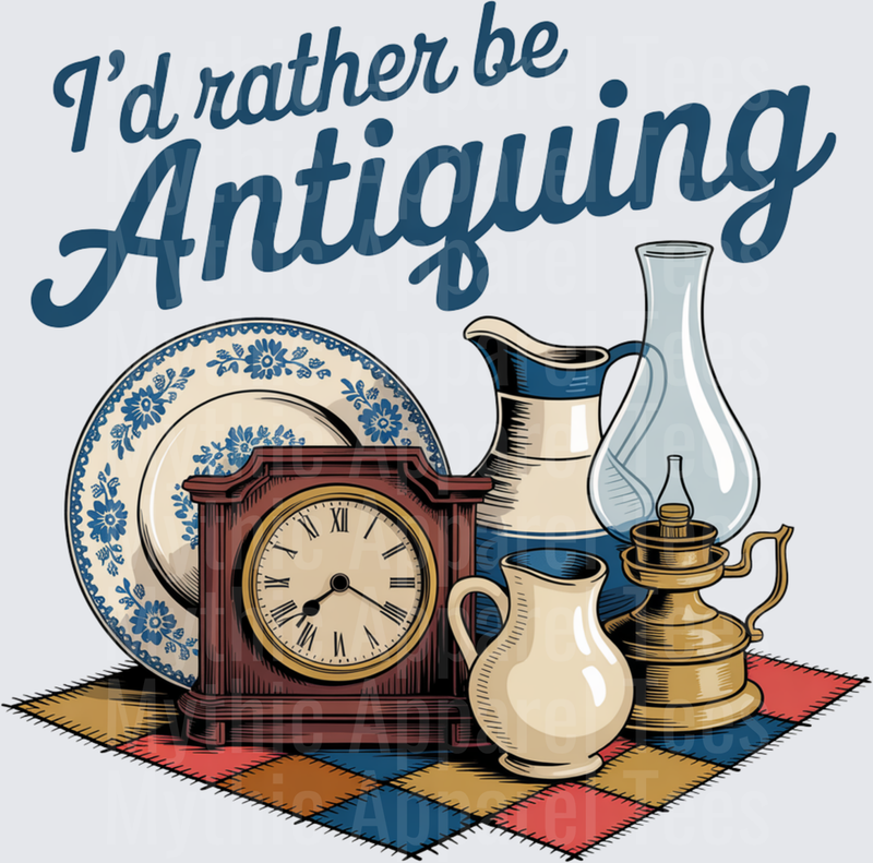 I'd Rather Be Antiquing Vintage Clock Oil Lamp Pottery Design