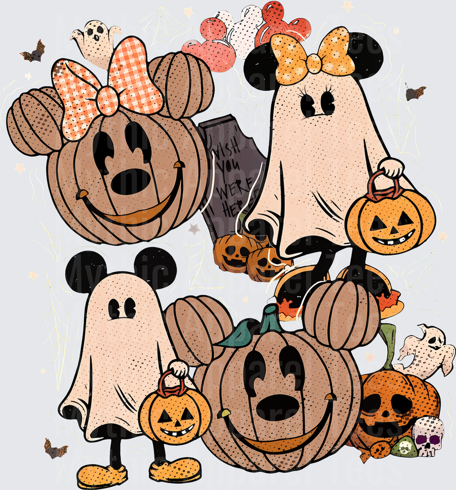 Mickey and Minnie Mouse Halloween Ghost Costumes with Jack-o-Lantern Pumpkins Bats and Tombstone Spooky Retro Vintage Style