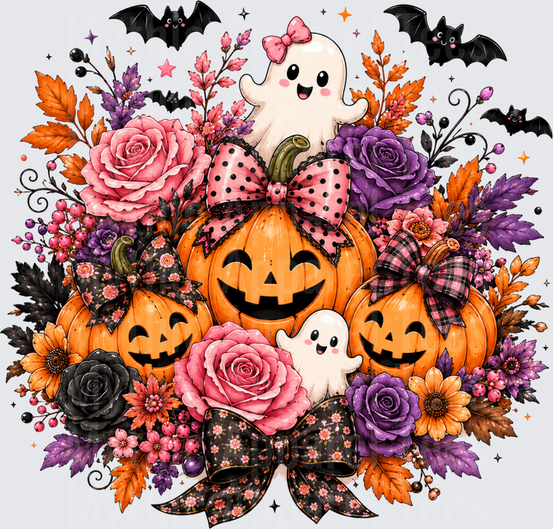 Cute Kawaii Ghost with Pink Bow Atop Smiling Jack-O-Lanterns Surrounded by Pink and Purple Roses Black Bats and Decorative Bows Floral Halloween