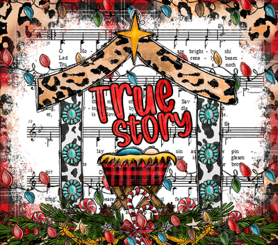 True Story Christmas Nativity Scene Baby Jesus Manger Leopard Print Plaid Sheet Music Holiday Lights Western Boho