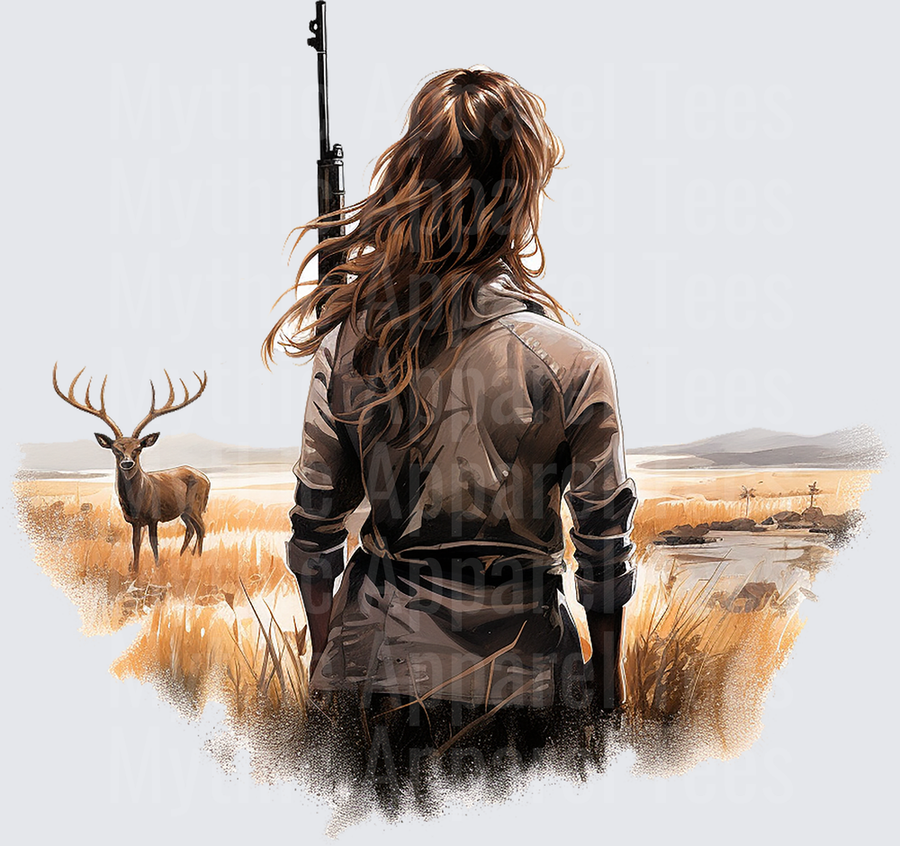 Woman Hunter with Rifle Facing Buck Deer in Golden Prairie Field Watercolor Illustration